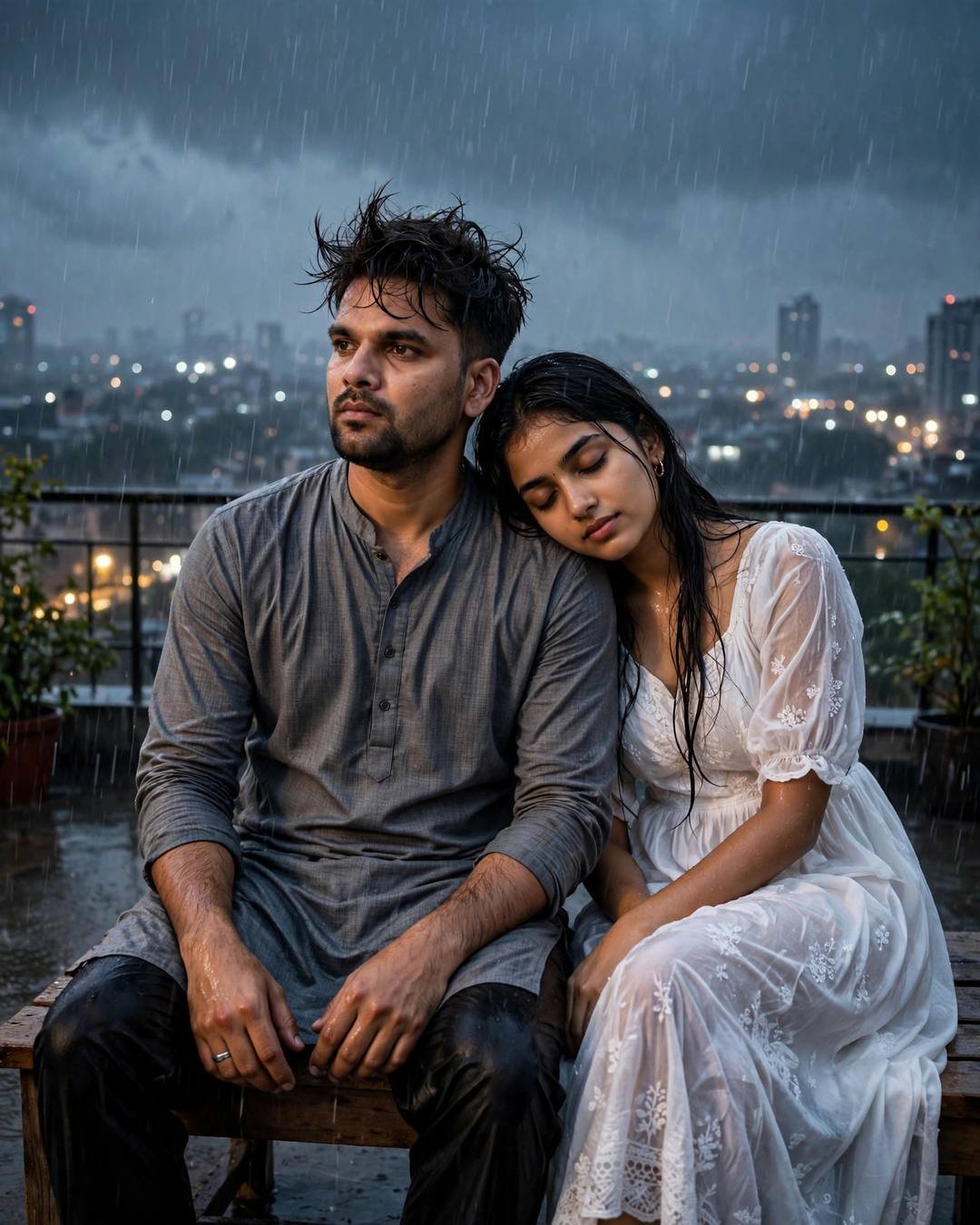 Young Indian couple sitting close on a rooftop bench in heavy monsoon rain at night, her head on his shoulder, city lights below