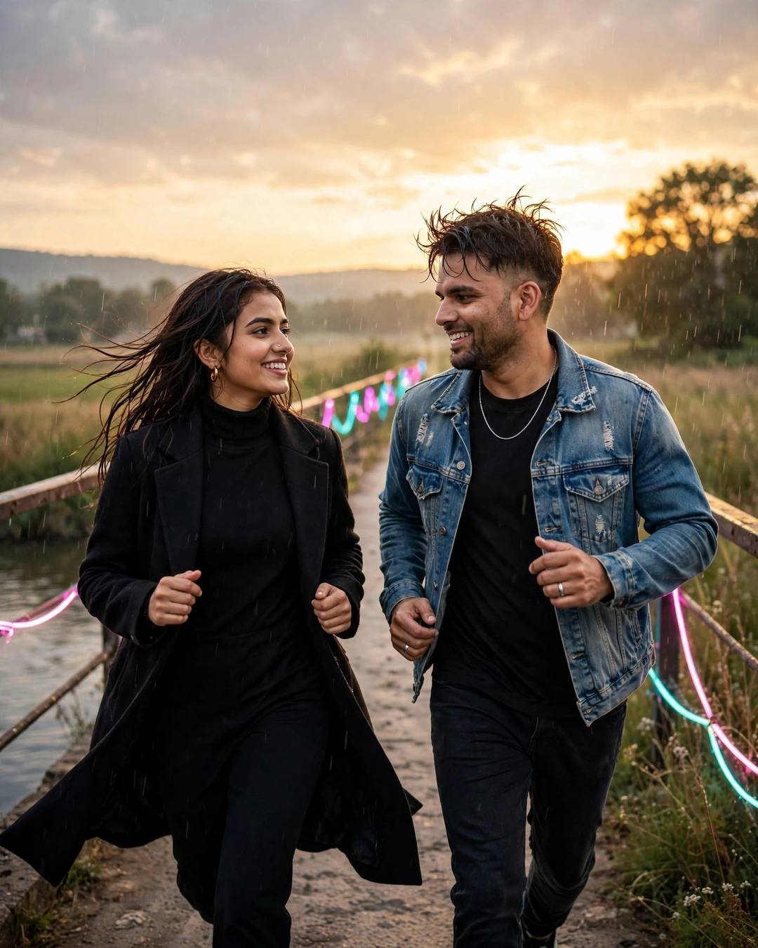 Young Indian couple running toward each other laughing on a riverside path at golden hour, drizzle, neon-lit bridge railing