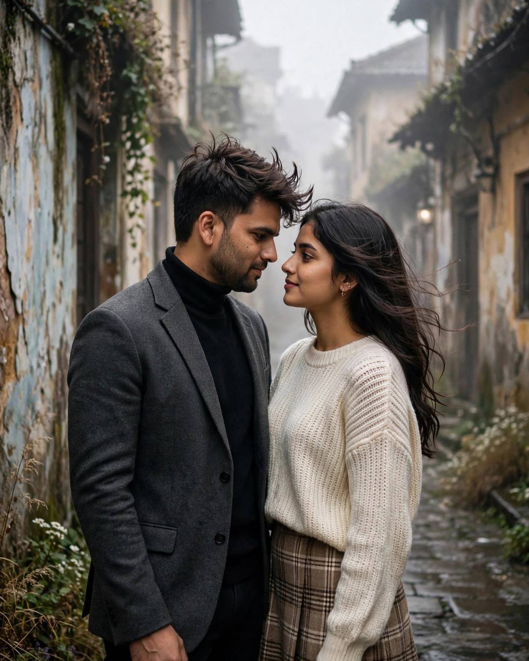 Young Indian couple standing face to face in a foggy old-city lane, foreheads almost touching