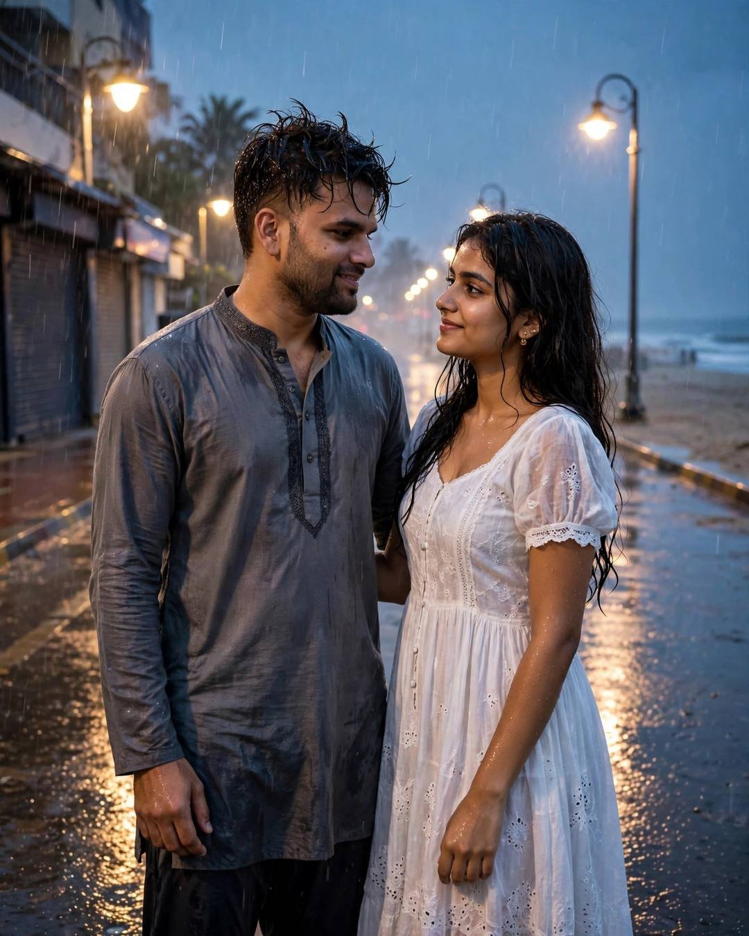 Couple dancing slowly in the rain on an empty street at night under warm streetlights