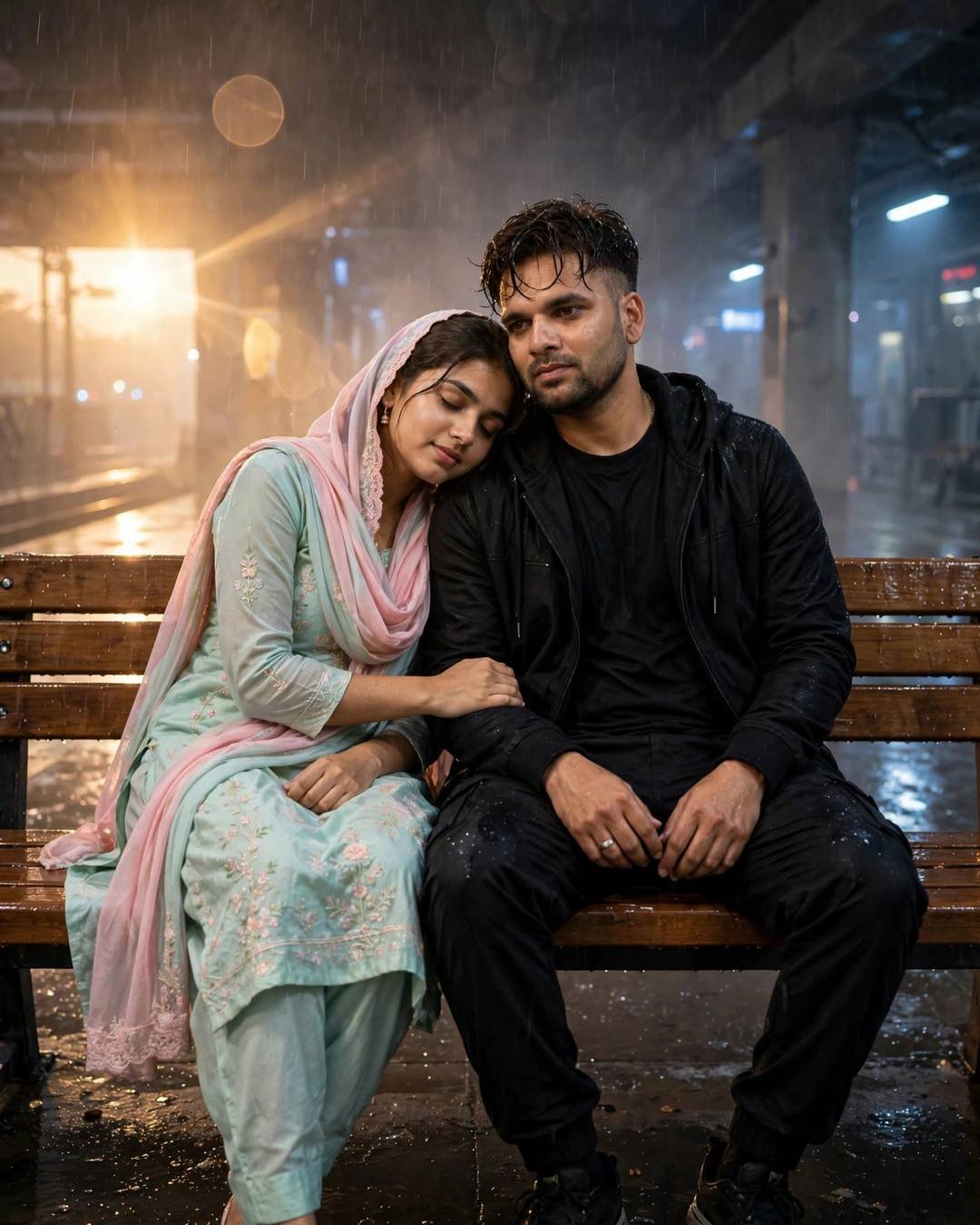 Couple sitting close on a rainy midnight metro bench, her head on his shoulder, golden lens flare in the rain