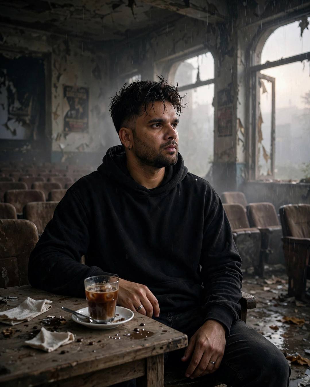 Young man alone in an abandoned cinema hall with a cold coffee, lost in thought