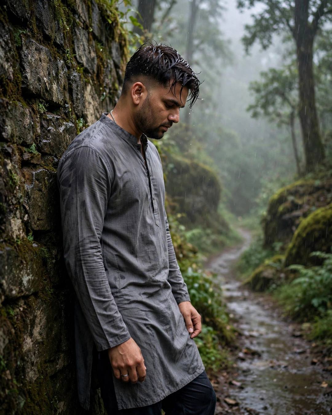 Young man leaning against a mossy stone wall on a misty forest path, head tilted down in quiet thought