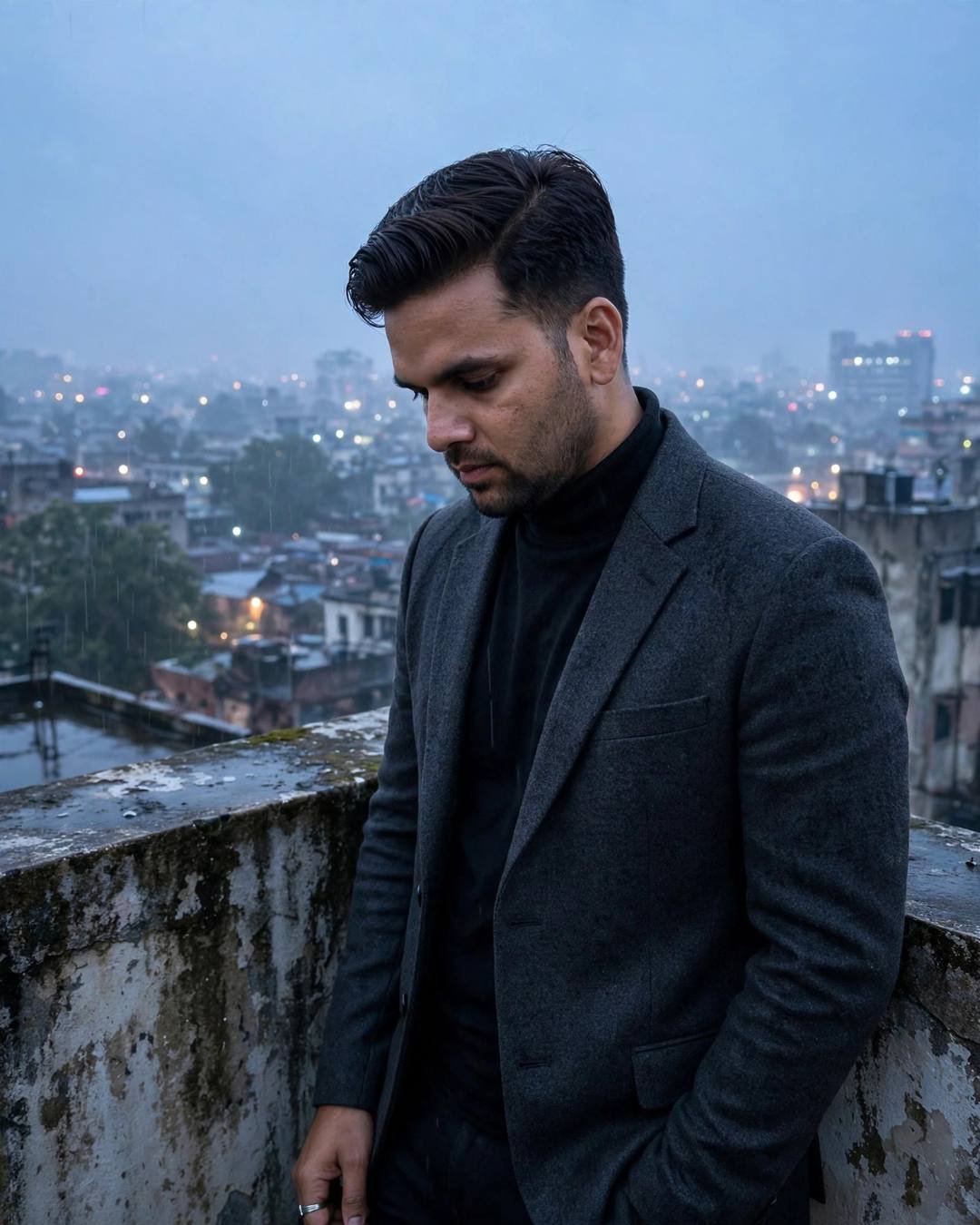 Young Indian man in a charcoal blazer leaning on a rooftop parapet at dawn, sleeping city lights below