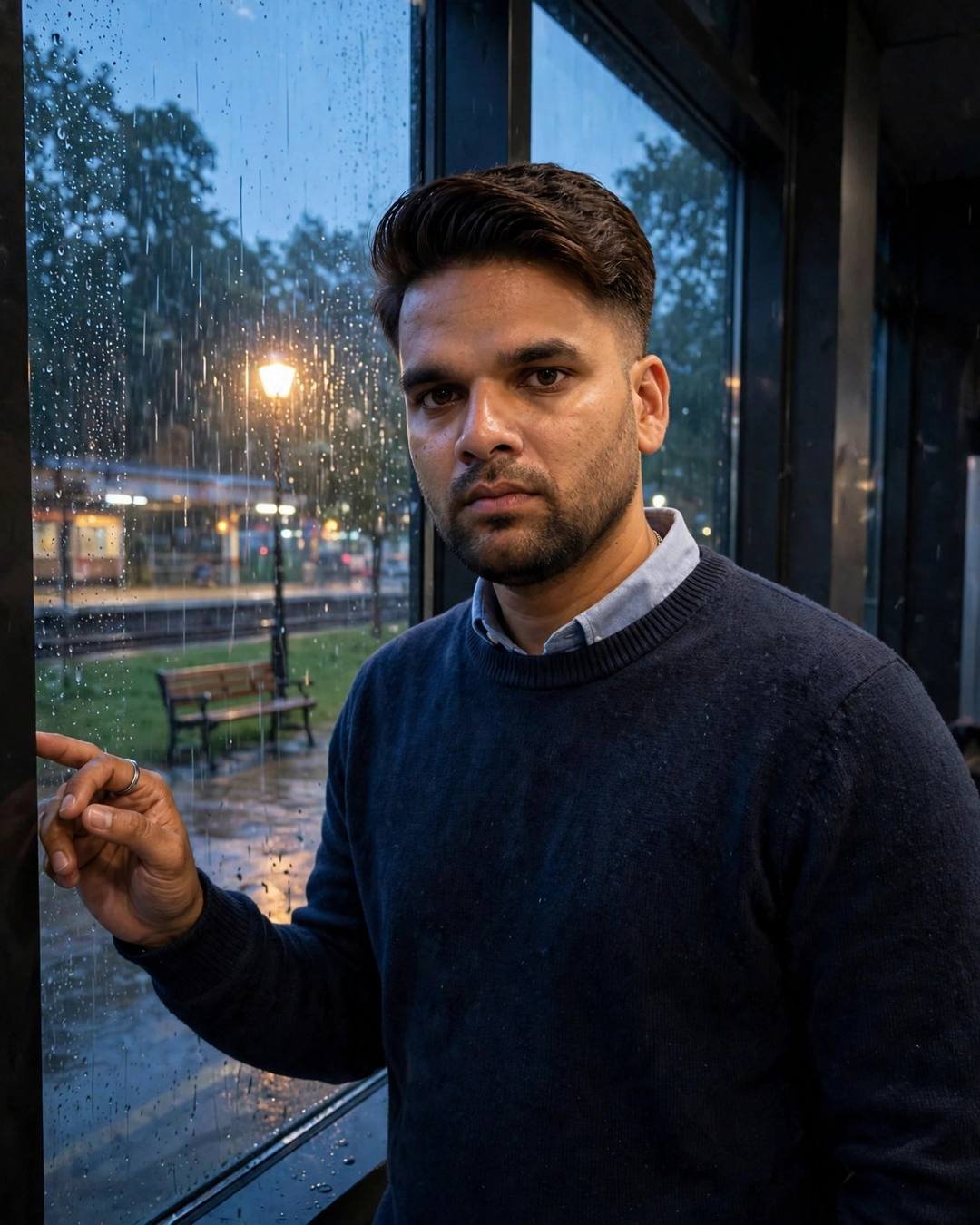 Young Indian man in a navy sweater standing at a rain-streaked window in drizzle, park lamp glowing outside