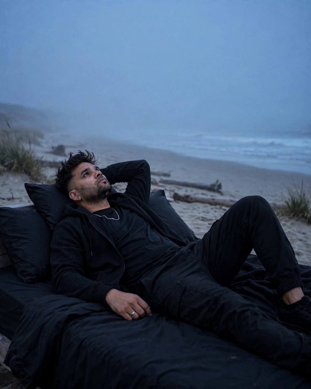 Young Indian man in all-black streetwear reclining on black bedding on a foggy beach at blue hour