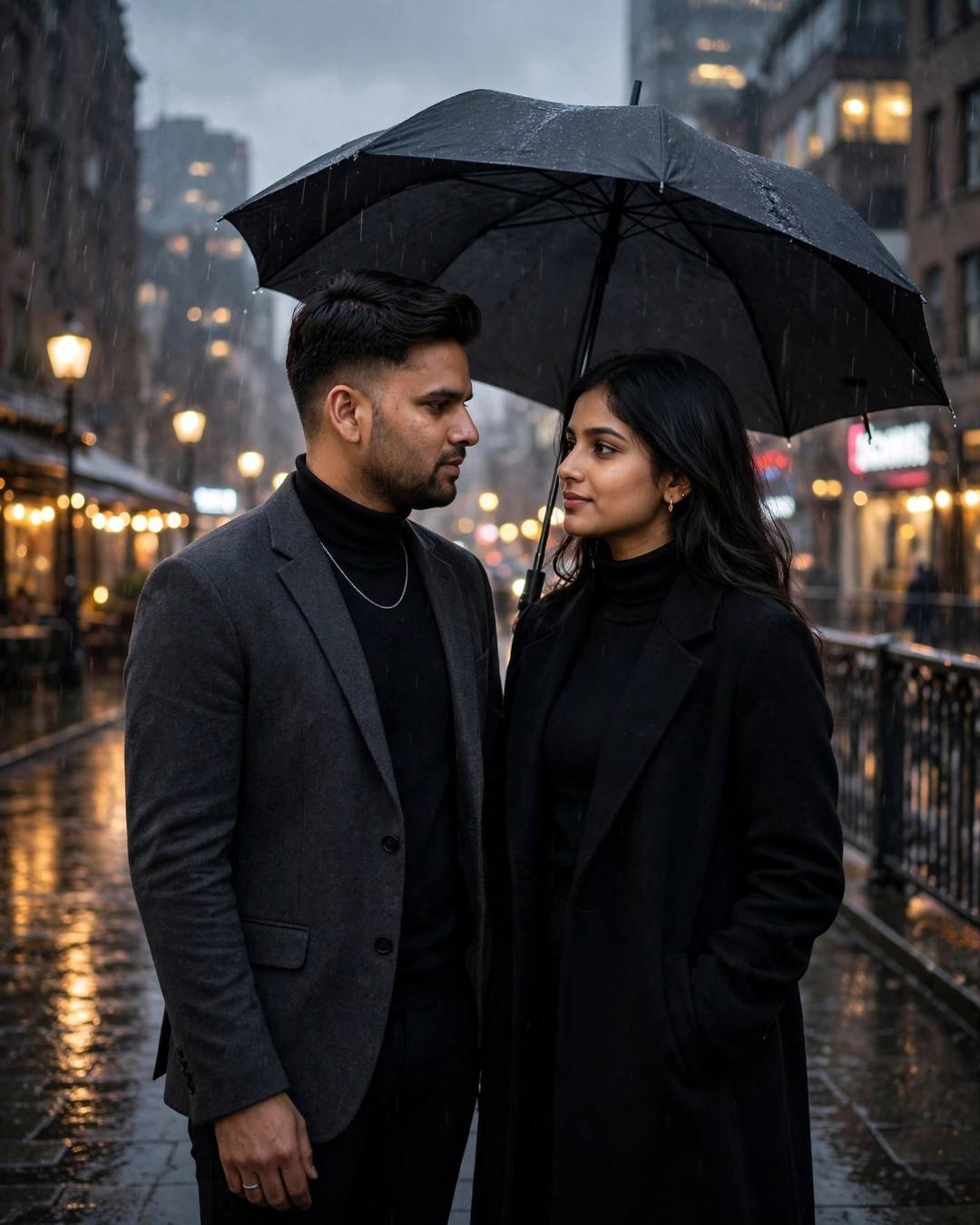 Couple in dark outfits looking at each other under an umbrella on a rain-soaked city bridge at dusk