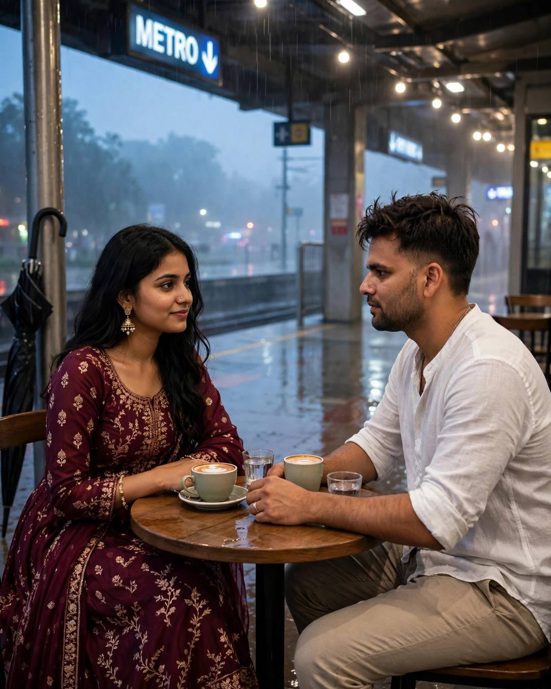 Couple sitting across a café table at a metro station at night, chai cups between them, rain outside