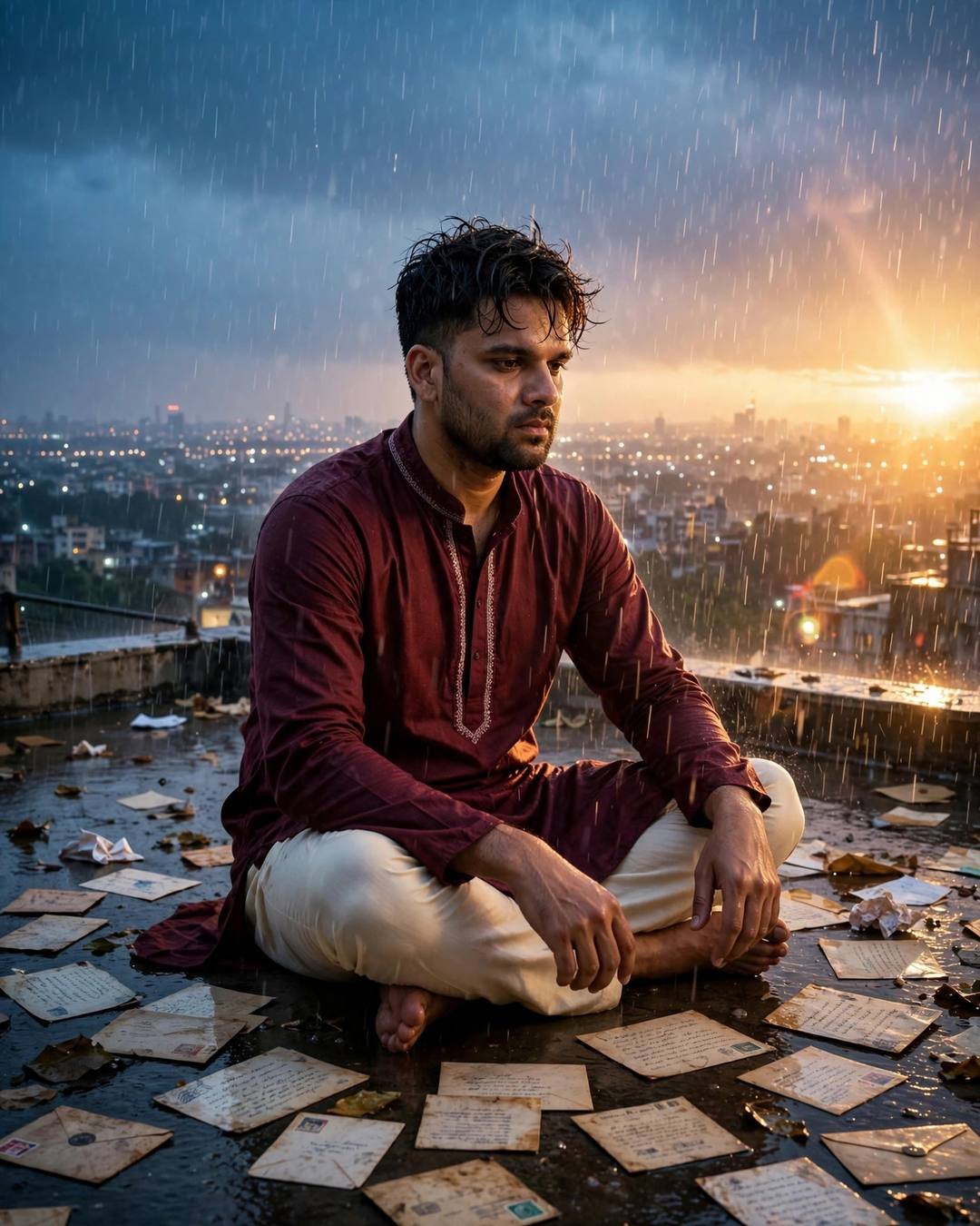 Young Indian man in maroon kurta sitting cross-legged among rain-soaked letters on a rooftop in the monsoon