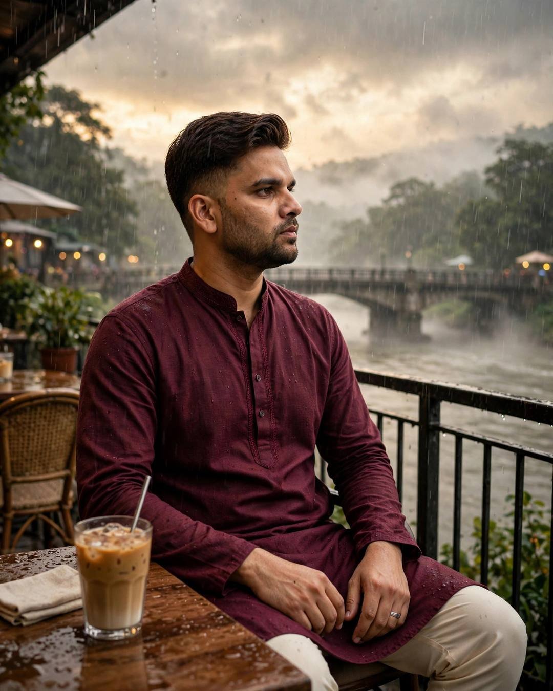Young Indian man in maroon kurta with cold coffee at a riverside cafe in the rain, bridge over a slow river behind