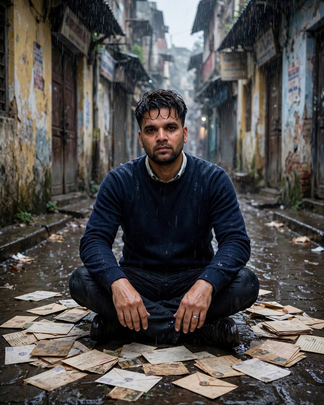 Young Indian man in navy sweater sitting cross-legged among wet old letters in a flooded old-city lane in the rain