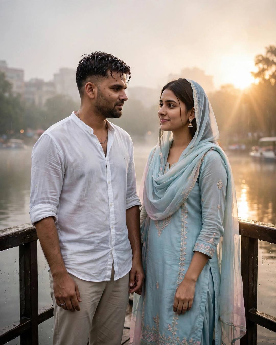 Indian couple on a lake pier at golden dawn, man in white linen shirt, woman in pastel blue salwar-kameez with dupatta, sun flare through rain