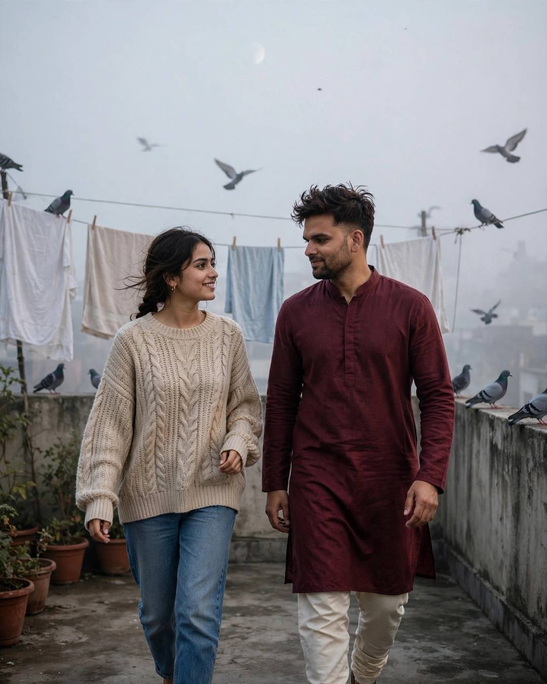 Indian couple walking and laughing on a foggy rooftop terrace with clothes lines and pigeons, moon in the sky, maroon kurta, cream sweater