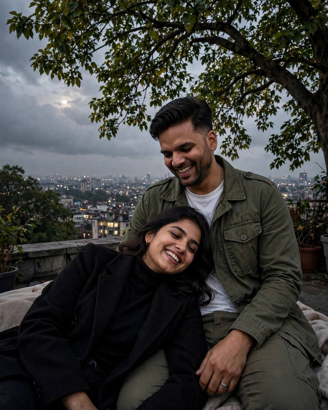 Laughing Indian couple on a rooftop under a tree at dusk with city lights below, her head on his shoulder, olive field jacket, black coat