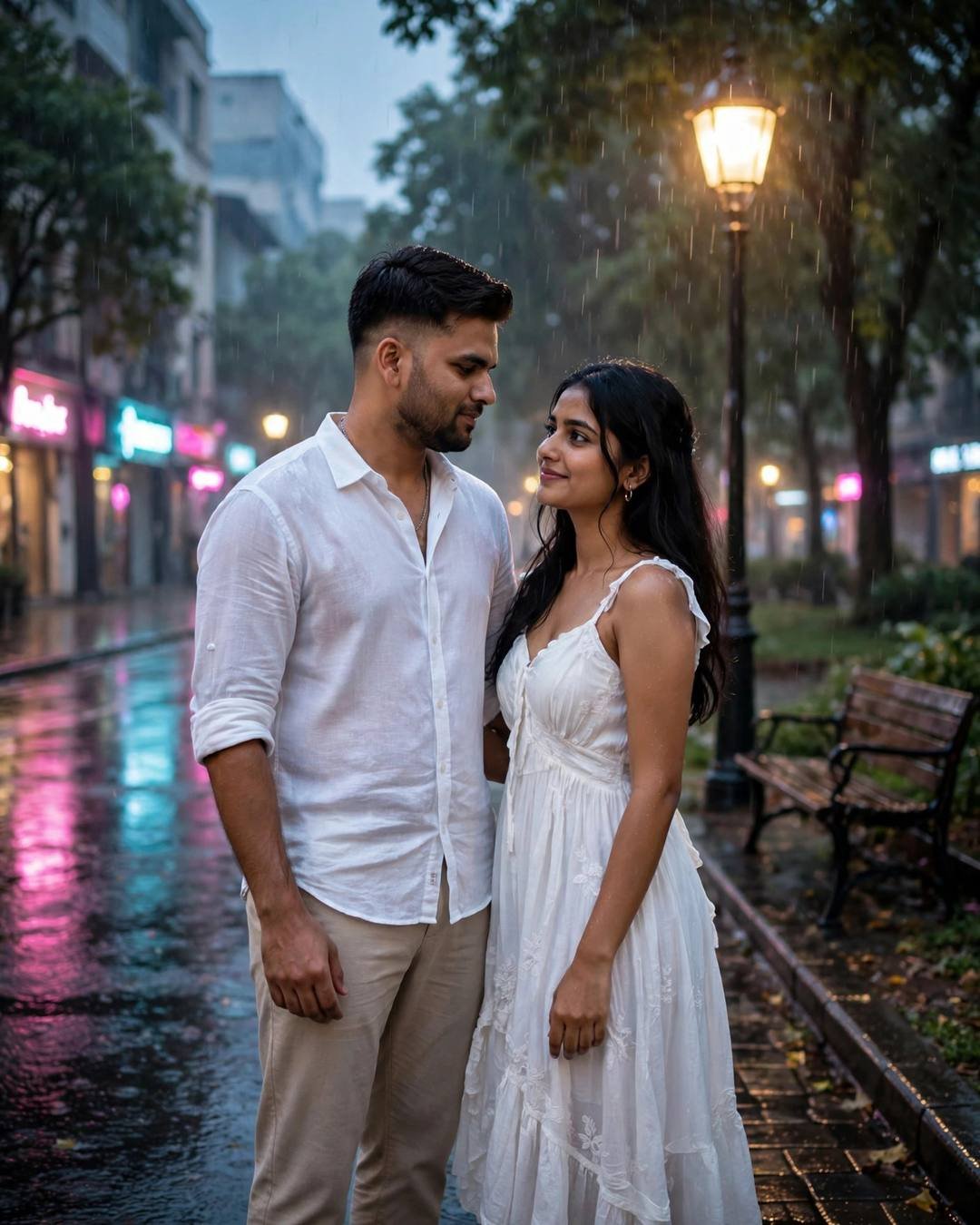 Couple slow-dancing in light rain on an empty street under a glowing streetlamp, neon reflections on wet cobbles