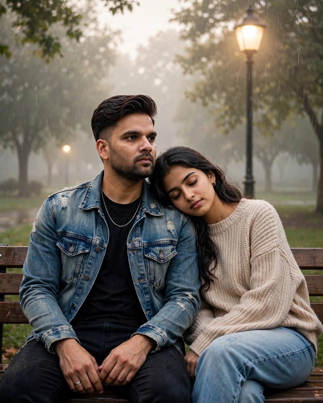 Couple sitting close on a park bench in drizzle, her head on his shoulder under a lone lamp