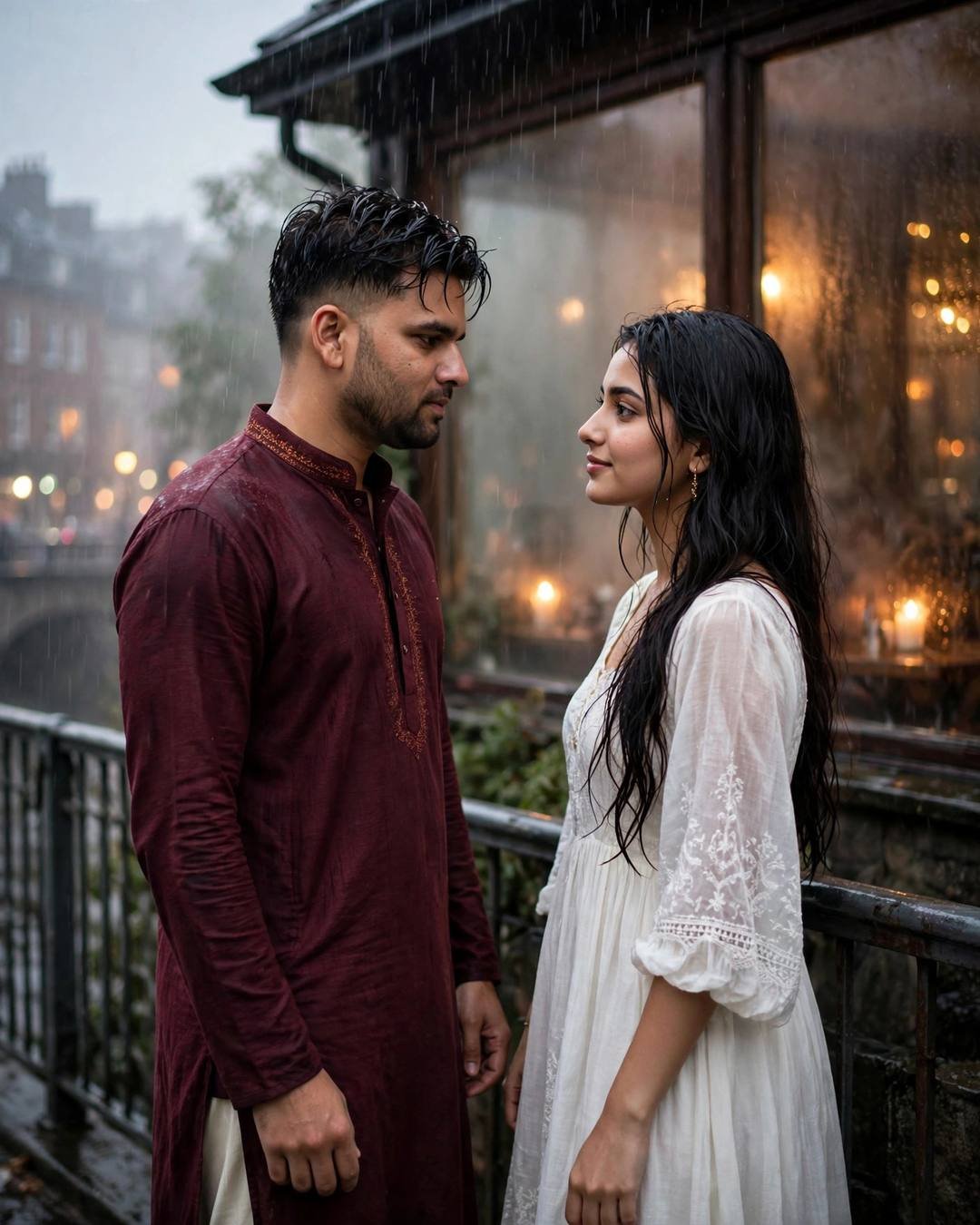 Couple facing each other on a bridge in drizzle, city blurred behind, warm café window glow