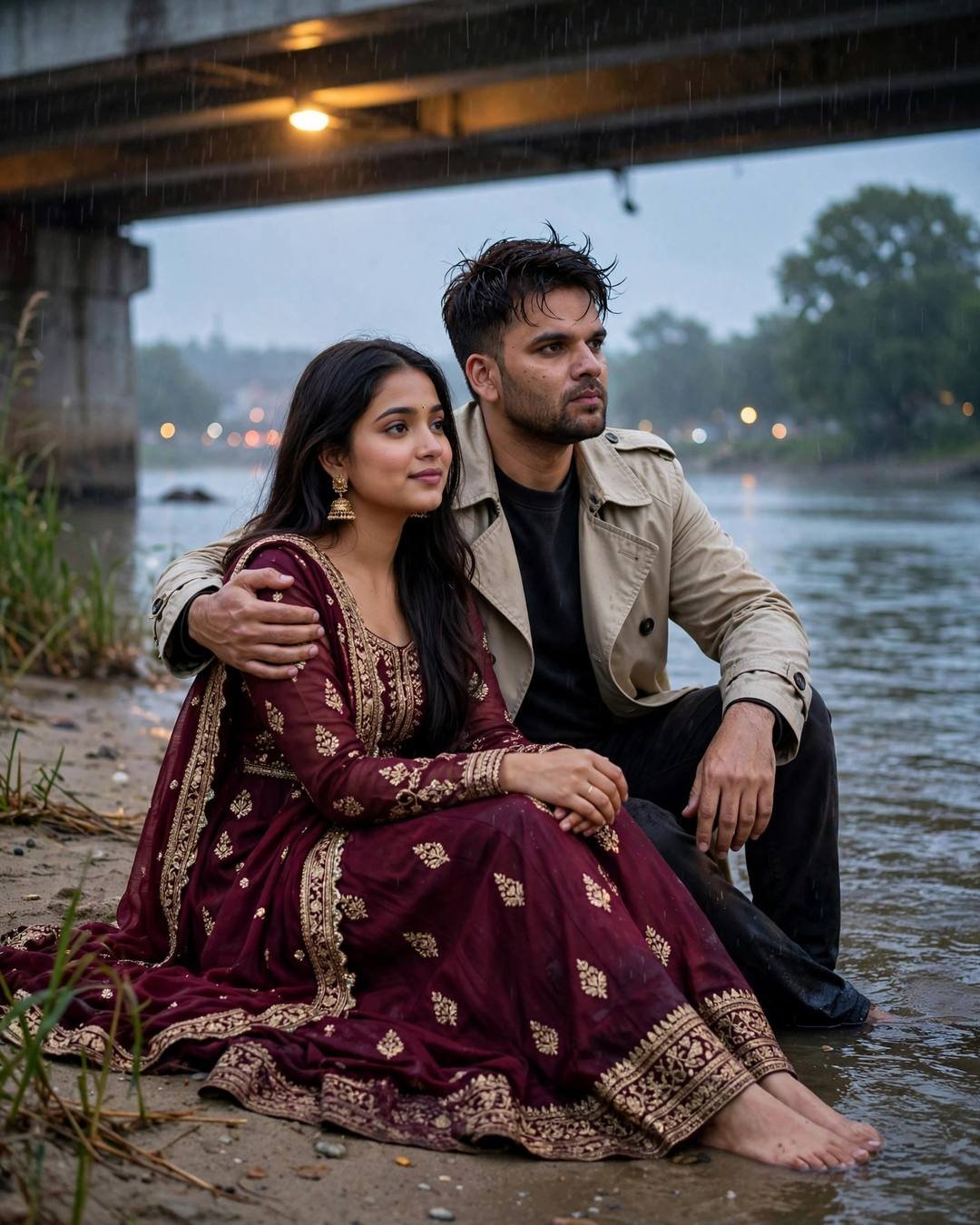 Couple sitting on a riverbank under a bridge at blue hour, laughing together in light rain
