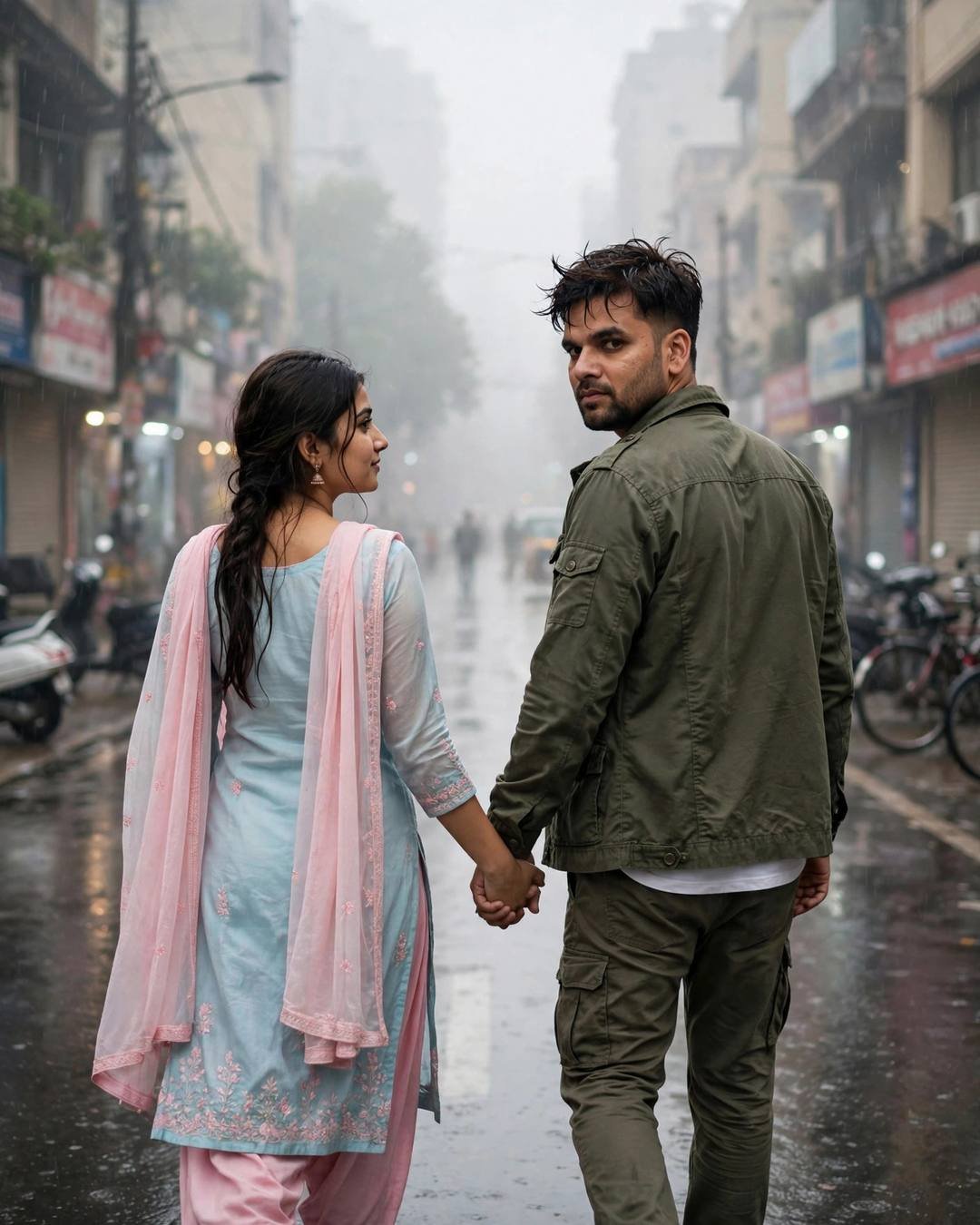 Young Indian couple walking hand in hand into fog on a rain-soaked street at dawn, both looking back at the camera