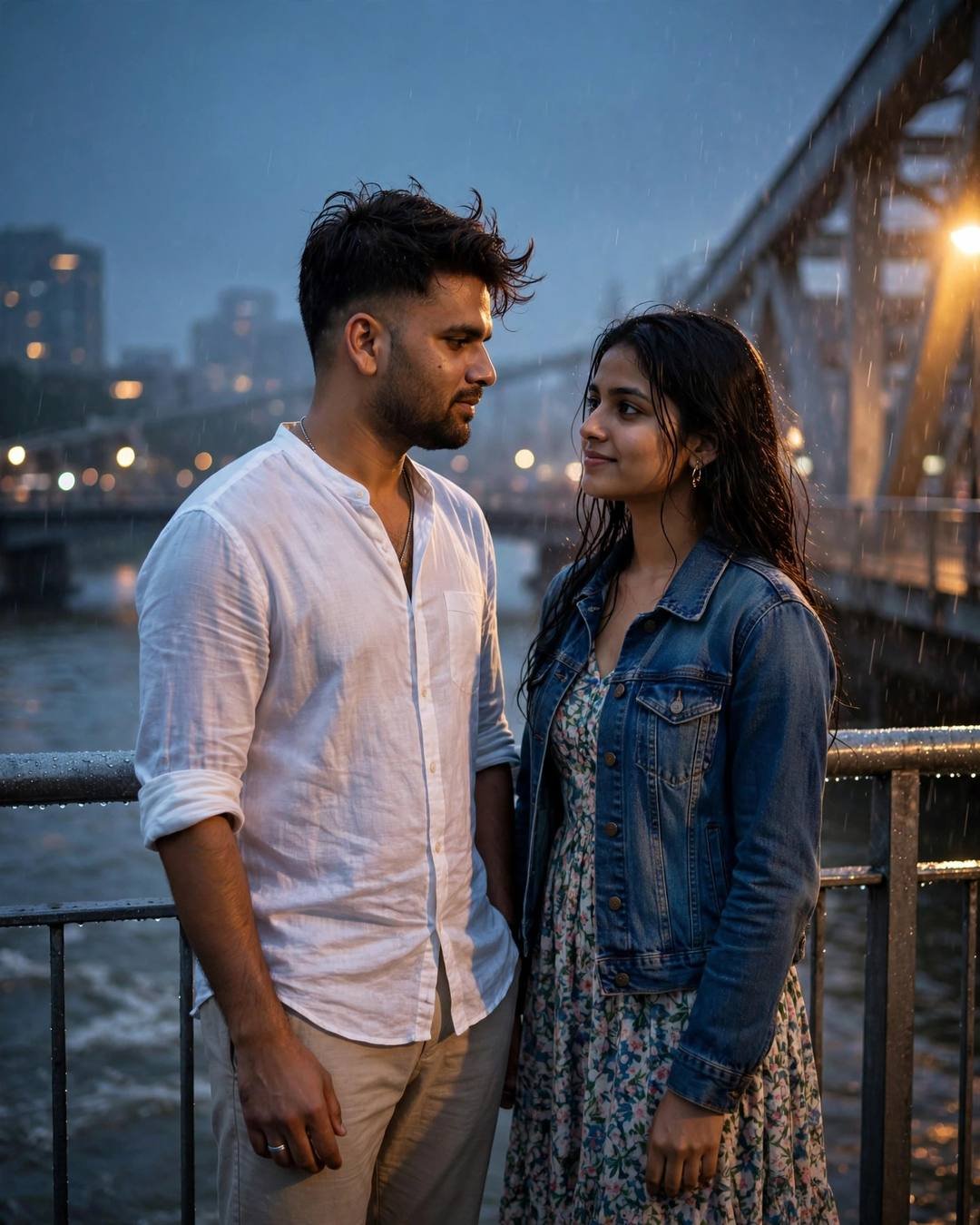 Young Indian couple standing on a bridge in the drizzle at night, gazing at each other, city lights blurred behind