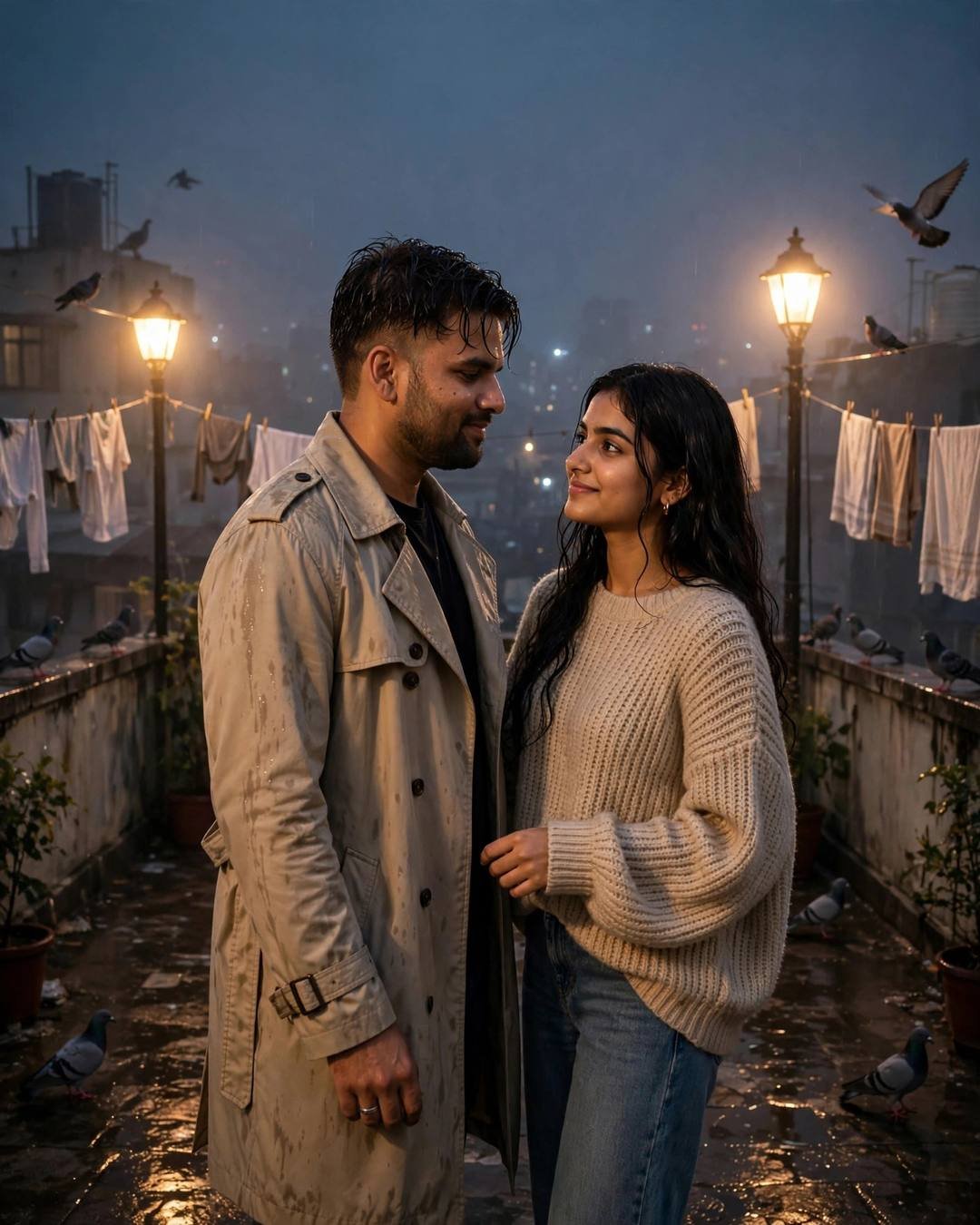 Young Indian couple dancing slowly on a foggy rooftop at midnight under sodium lamps, clothes lines and pigeons around