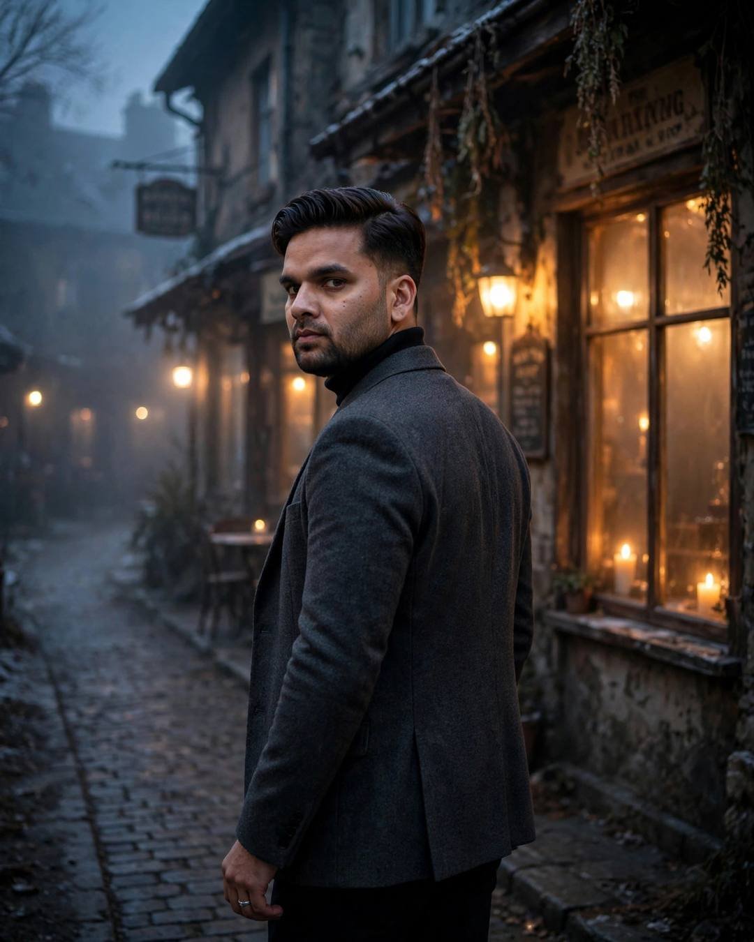 Young Indian man in charcoal blazer walking away down a foggy path at night, turning back to look at the camera, candlelit cafe behind