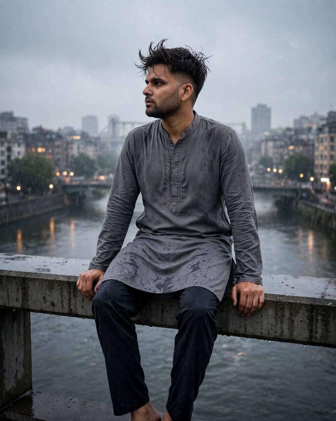 Young Indian man sitting on a rainy bridge railing at dawn over a grey river, grey kurta, windswept hair, city behind