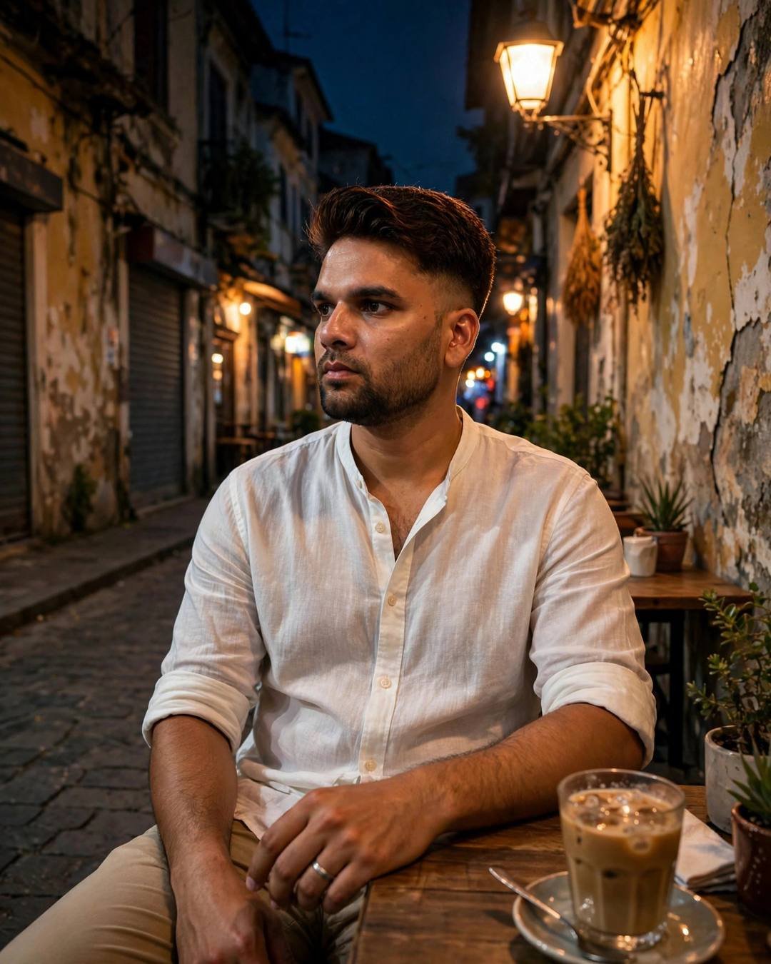 Young Indian man sitting alone at a night cafe table in an old lane with an iced coffee, white linen shirt, warm sodium lamp light