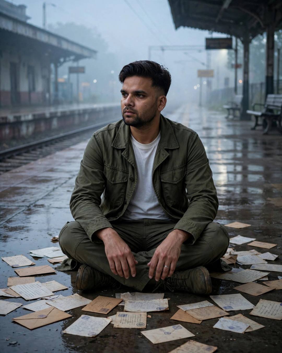 Young man in olive field jacket sitting cross-legged among scattered letters on a foggy rain-wet railway platform at night