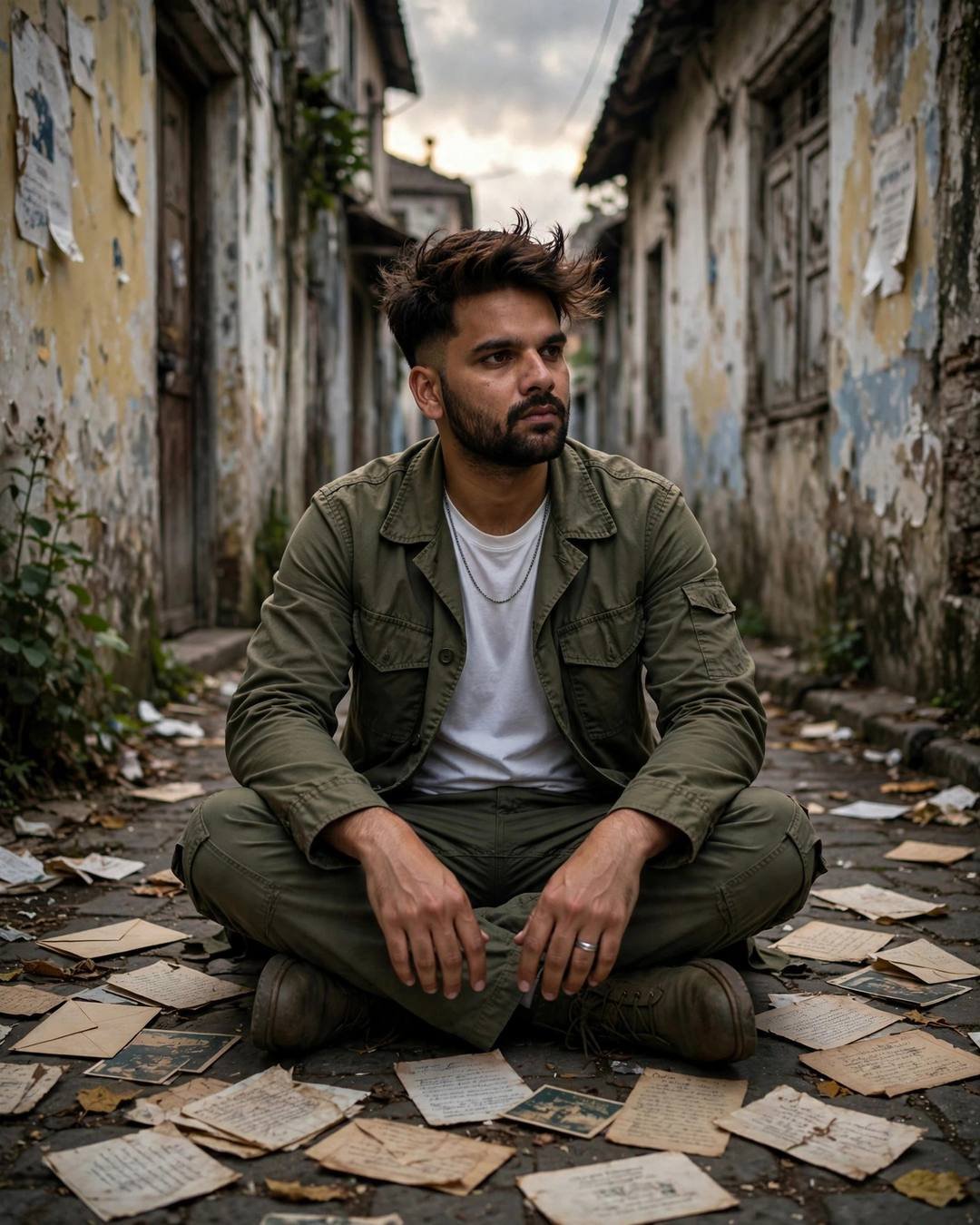 Young man in olive field jacket sitting among scattered letters in a narrow old-city lane with peeling walls