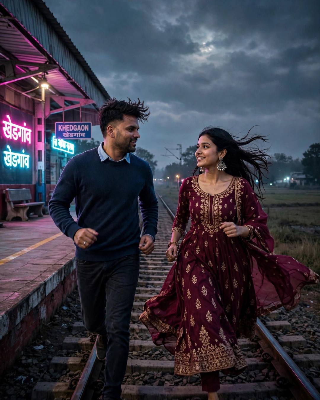 Couple running side by side along railway tracks at a neon-lit station platform at dusk, laughing