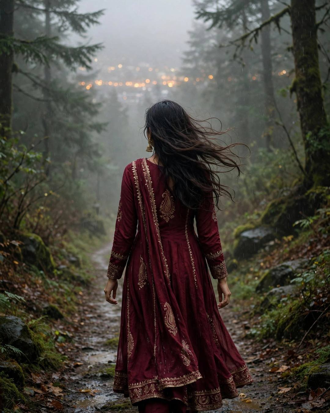 Young Indian woman in maroon anarkali walking away down a misty forest path toward distant city lights