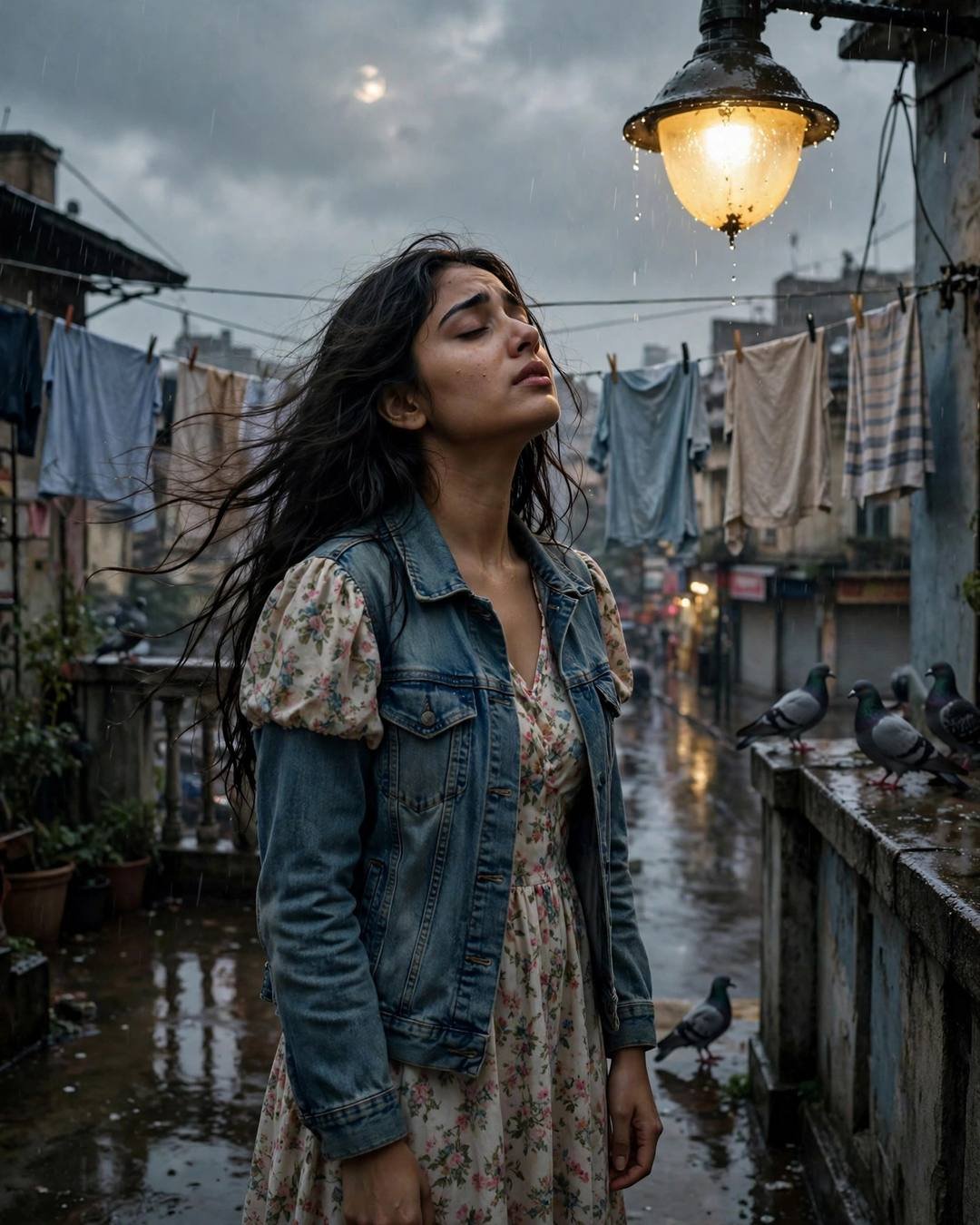 Young Indian woman in denim jacket standing under a streetlamp in the rain on a terrace, face lifted to the sky
