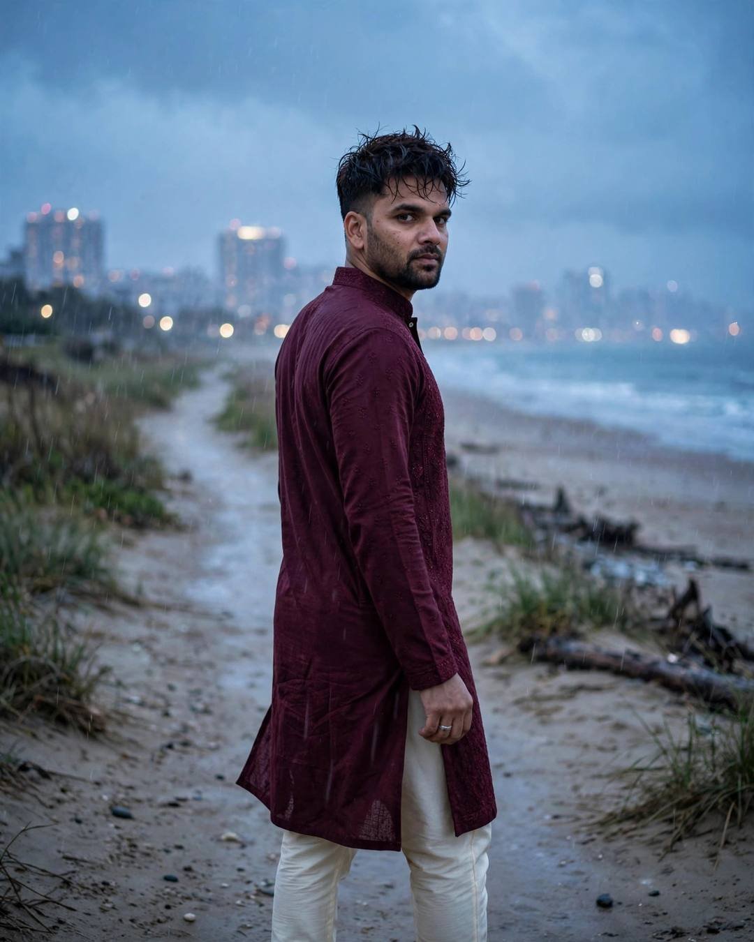 Young Indian man in a maroon kurta walking away from the camera down an empty beach path in light rain at dusk