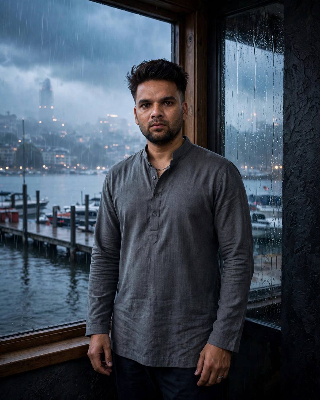 Young Indian man in a grey kurta standing at a rain-streaked window on a lake pier during an overcast storm