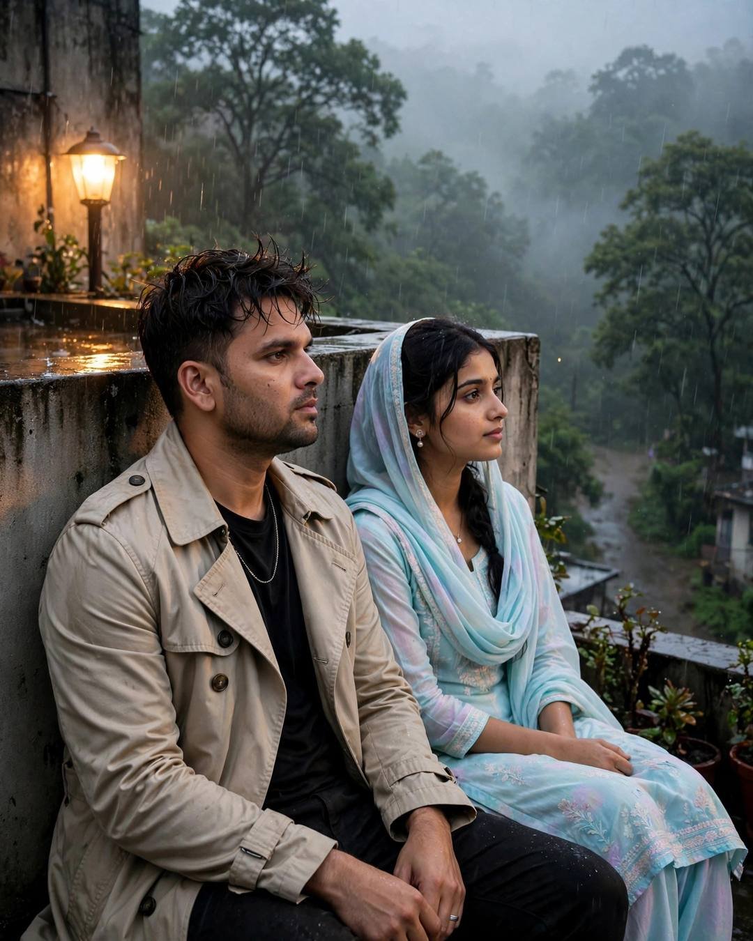 Couple sitting silently on a rooftop against the wall, drizzle over a misty forest path lit by a warm streetlamp