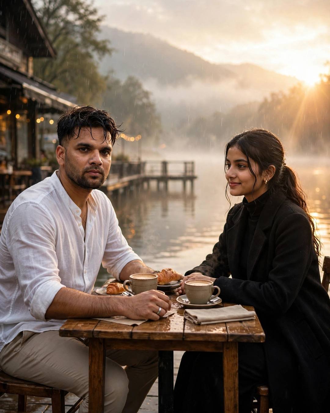 Couple sharing coffee at a wooden table on a misty lake pier at dawn, golden backlight and lens flare