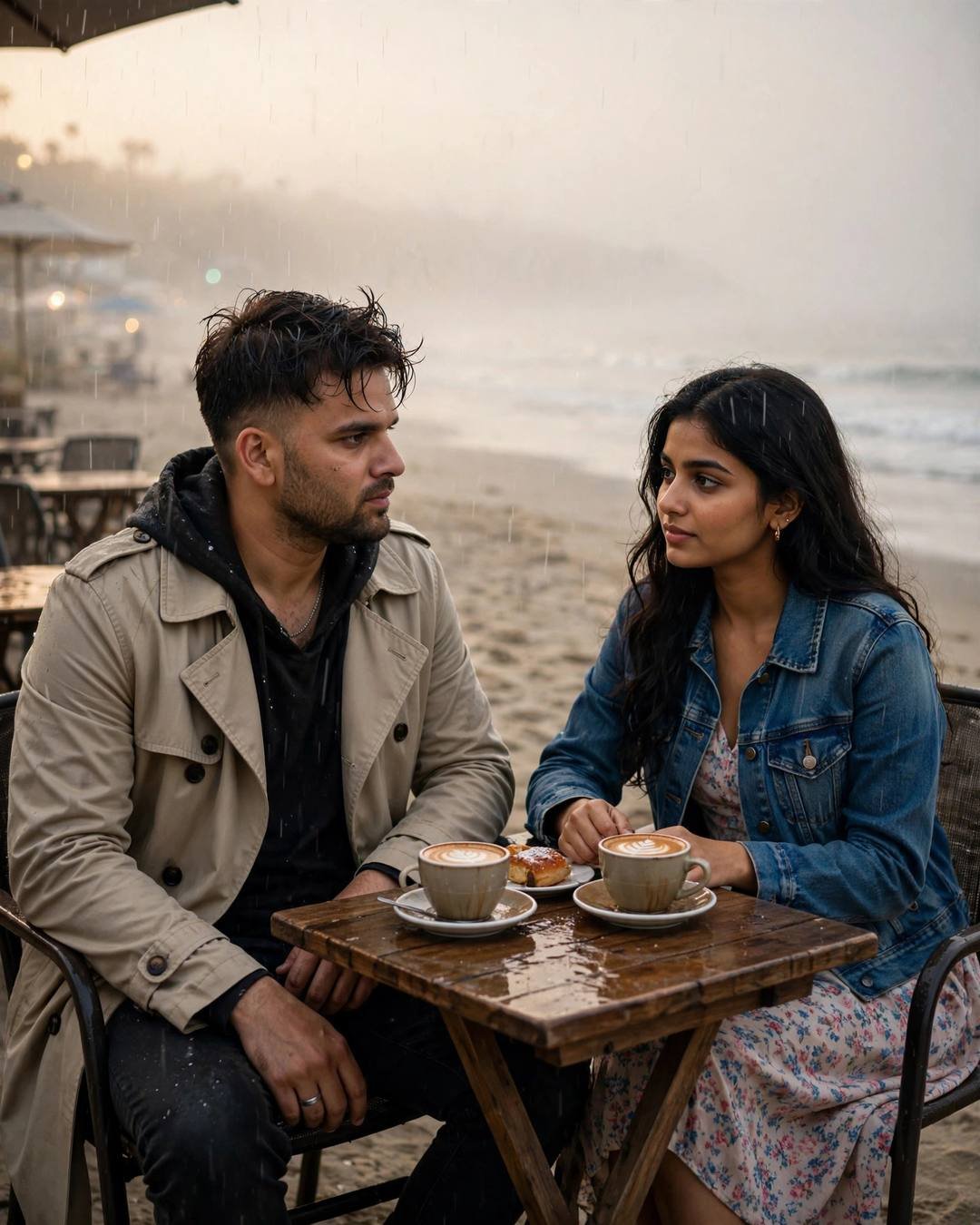 Couple sharing coffee at a small table on a deserted foggy beach at dusk in light rain