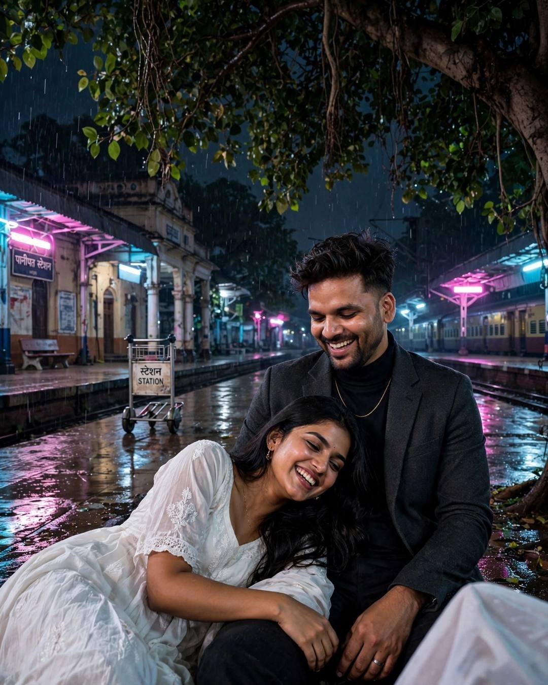 Young Indian couple laughing together under a banyan tree on a neon-lit railway platform at midnight in the rain
