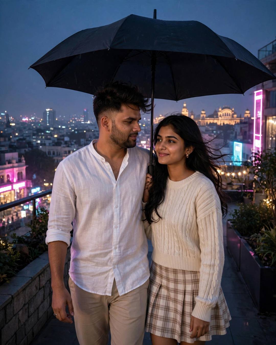 Young Indian couple walking side by side under one black umbrella on a rooftop at night, city glowing behind