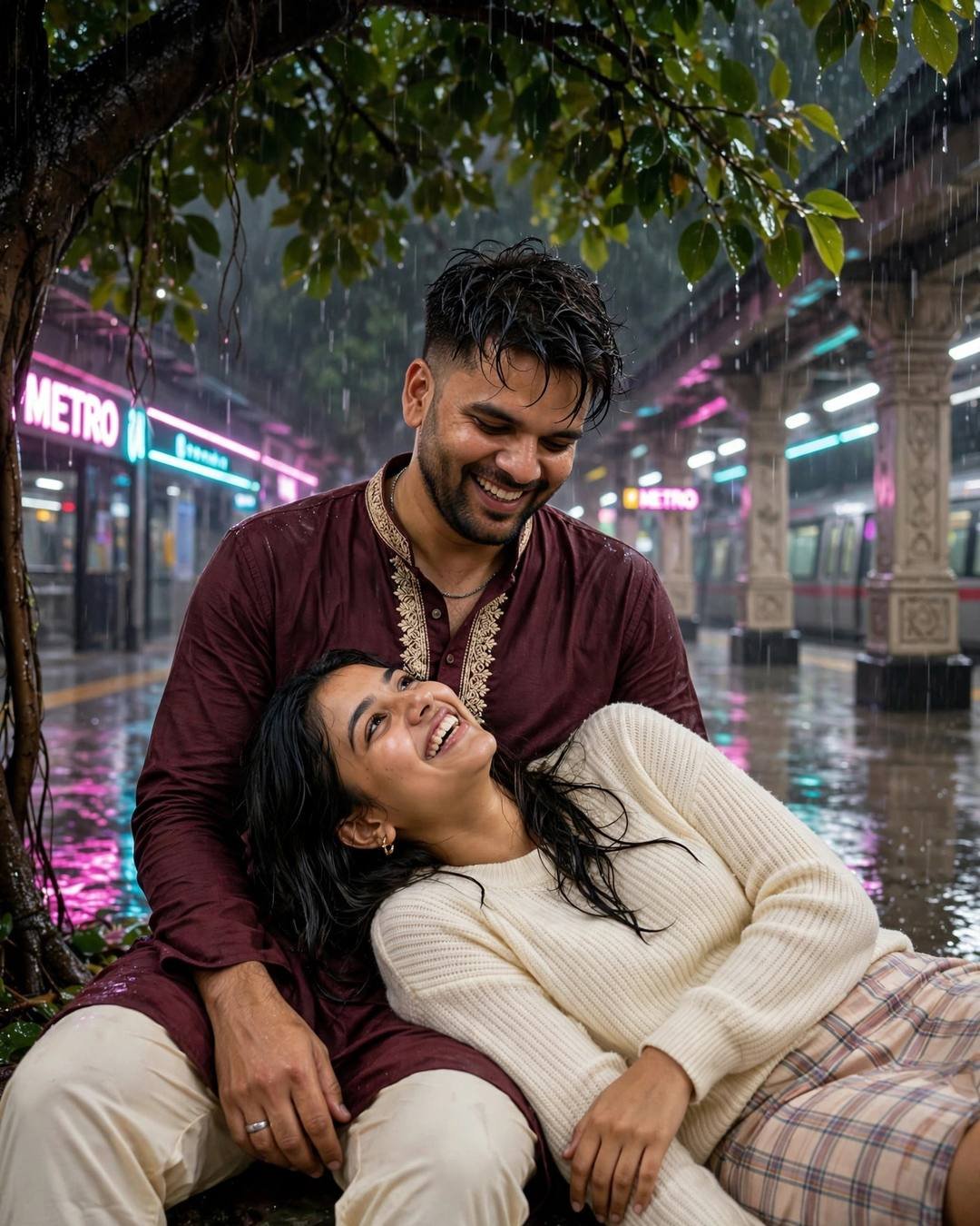 Young Indian couple laughing together under a tree at a neon-lit metro station in heavy monsoon rain