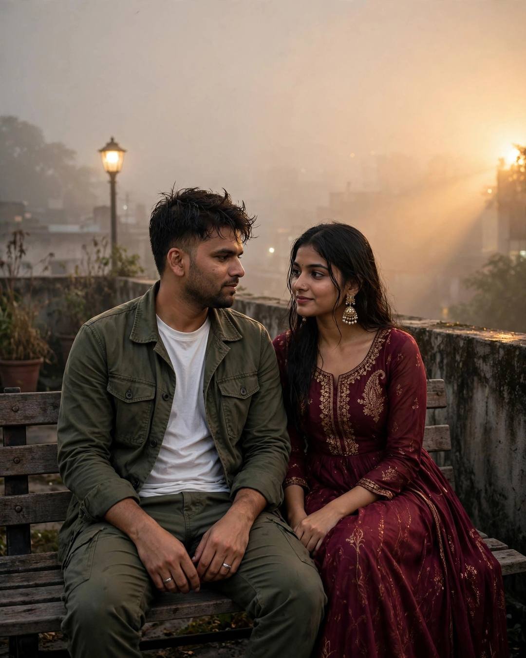 Couple sitting close on a park bench under a lone lamp in the fog, exchanging quiet glances