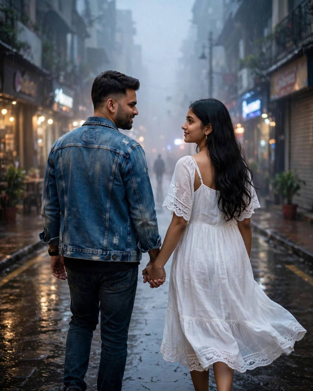 Couple walking hand in hand down a foggy rain-soaked street at blue hour, glancing back