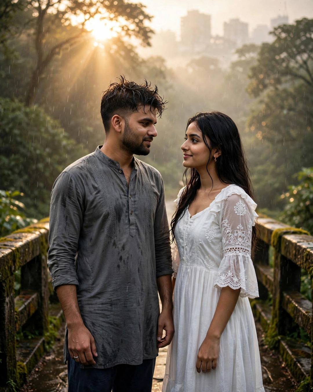 Couple facing each other on a mossy bridge in the drizzle, golden backlight flaring behind them