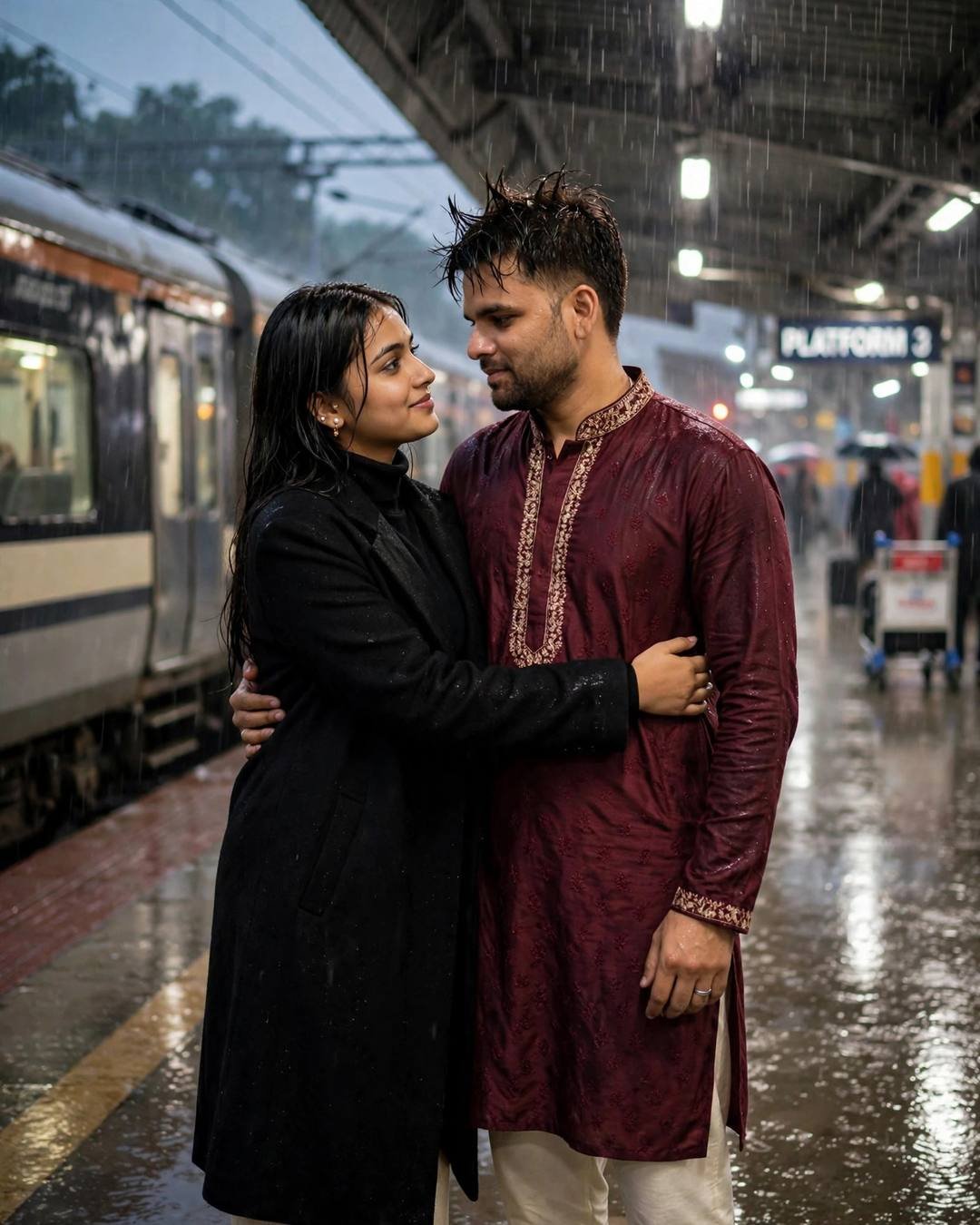 Couple sharing a tender embrace on a rainy railway platform at midnight