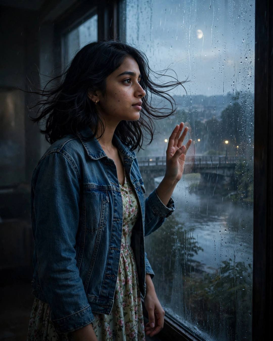 Young Indian woman in a denim jacket with her hand on a rain-streaked airport window at moonlit dawn