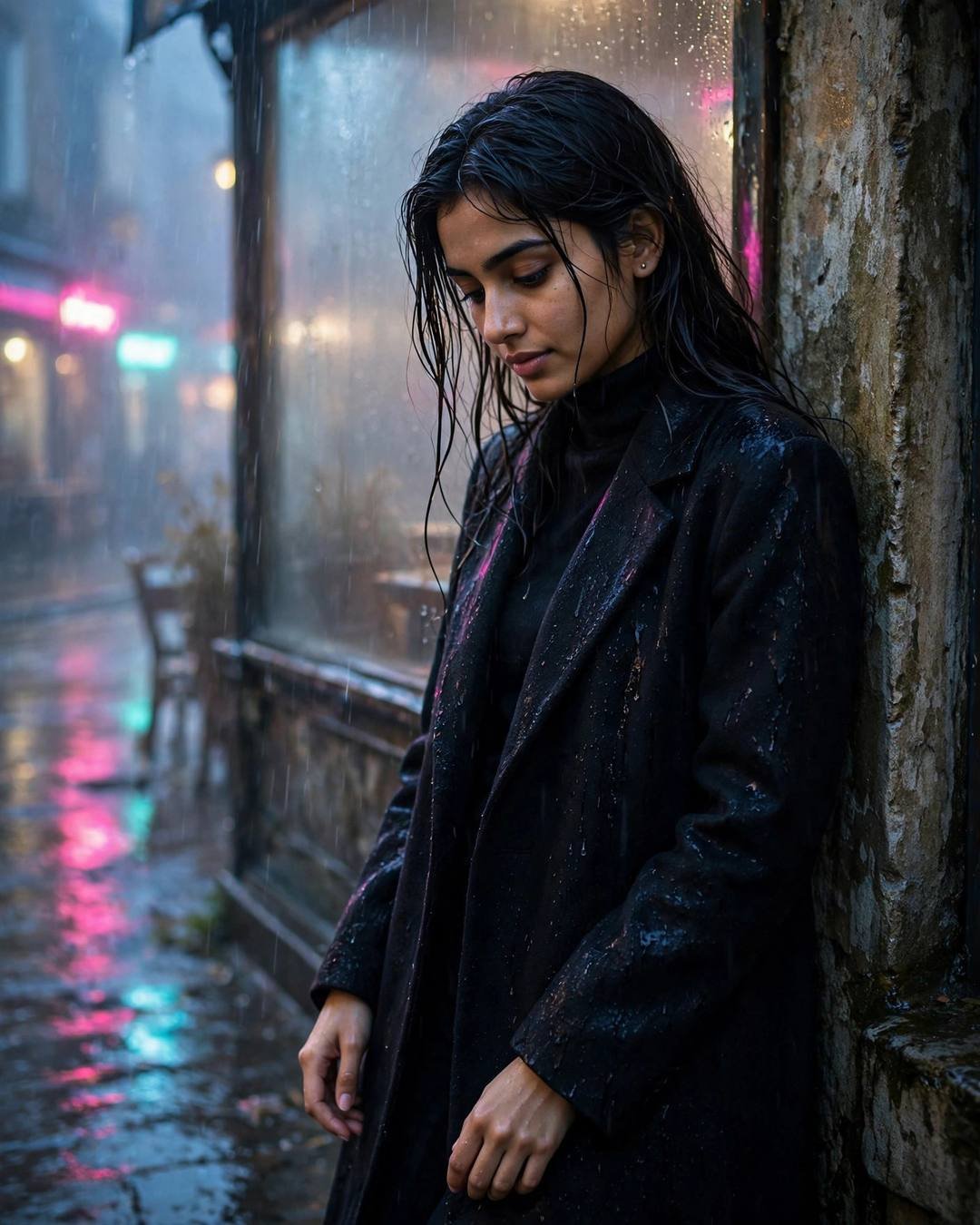Young Indian woman in a long black coat leaning against a weathered wall by a fogged café window