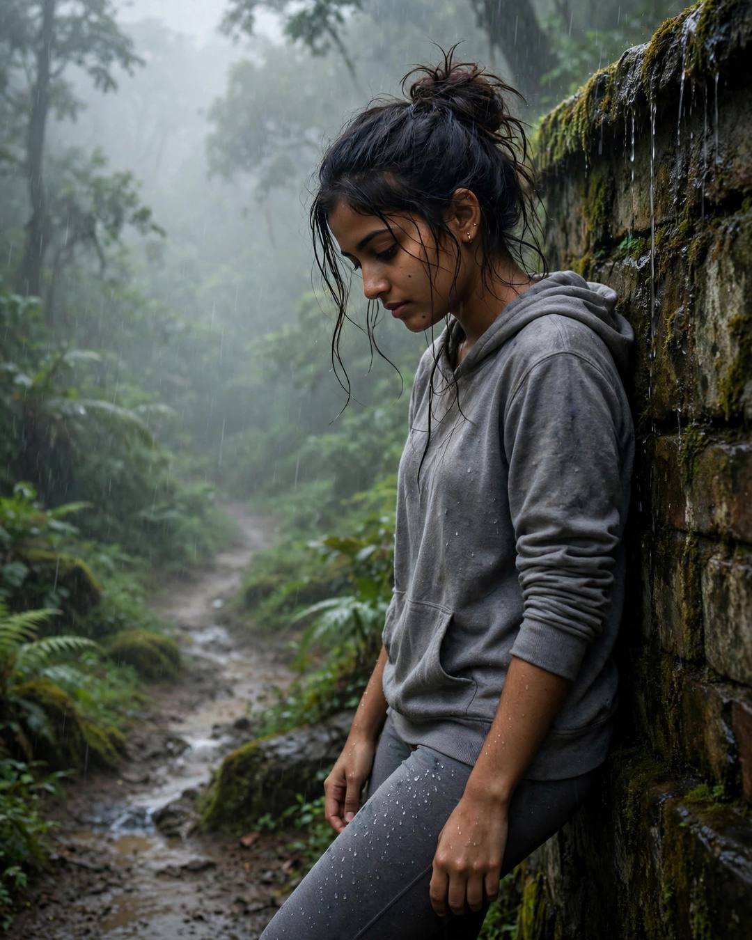 Young Indian woman in a grey hoodie leaning on a mossy stone wall along a misty monsoon forest path