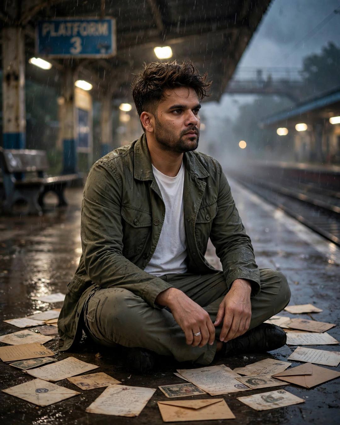 Young man in olive field jacket sitting cross-legged among old letters on a rain-soaked railway platform at night