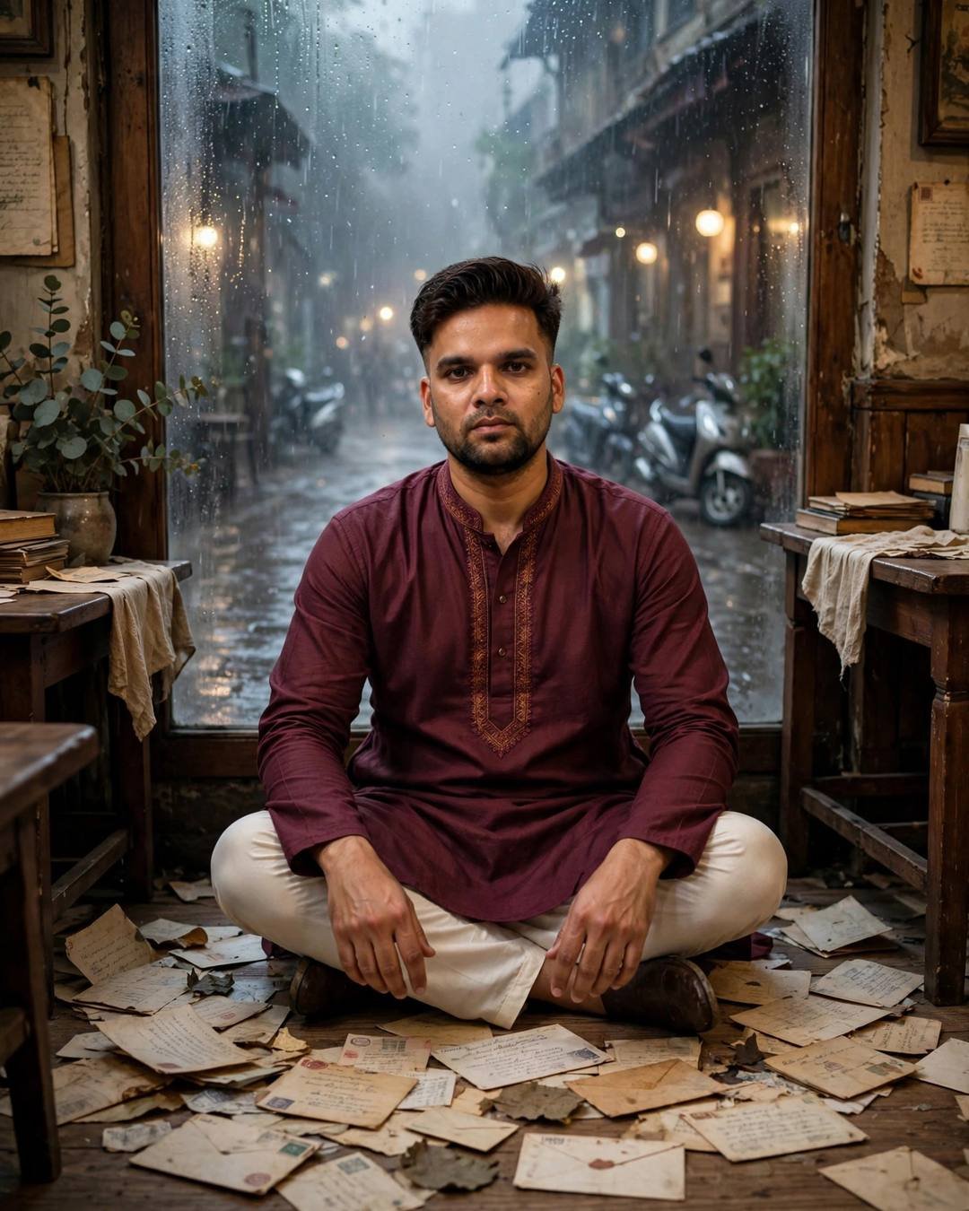 Young man in maroon kurta sitting cross-legged among old letters in an old cafe beside a rain-streaked window